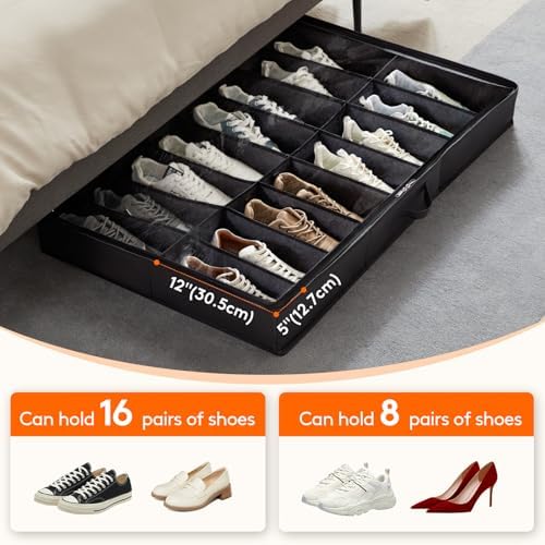 Lifewit Under Bed Shoe Storage Organizer 2 Pack(16 Shoes Cells), 4.3 Inches Profile Fabric Shoes Container Box with Clear Cover, Foldable Storage Bag with 2 Handles, Fits 16 to 32 Pairs - Image 3