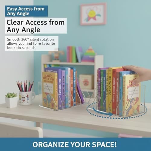 LIYAOLI Rotating Acrylic Book Organizer, 360° Spinning 6 Compartments Desktop Magazine File Holder, Vertical Storage for Books, Binders, Notebooks & Magazines, Clear Desk Organizer for Home Office - Image 5