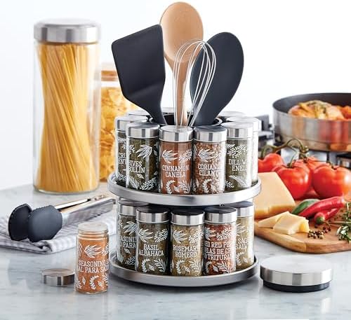 Kamenstein Salem 20-Jar Rotating Spice Rack with Spices Included, Stainless Steel Countertop Organizer with Sifter Caps and Tool Caddy, Spice Set for Kitchen Organization - Image 6