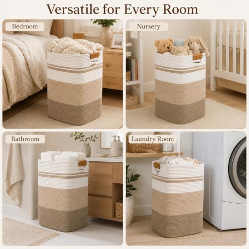 Laundry Hamper, Cotton Rope Laundry Basket with Leather Handles, 21.1-Gallon/80 L Large Clothes Hampers for Laundry, Woven Laundry Baskets for Blankets, Clothing, Bedroom, Living Room, Nursery - Image 4