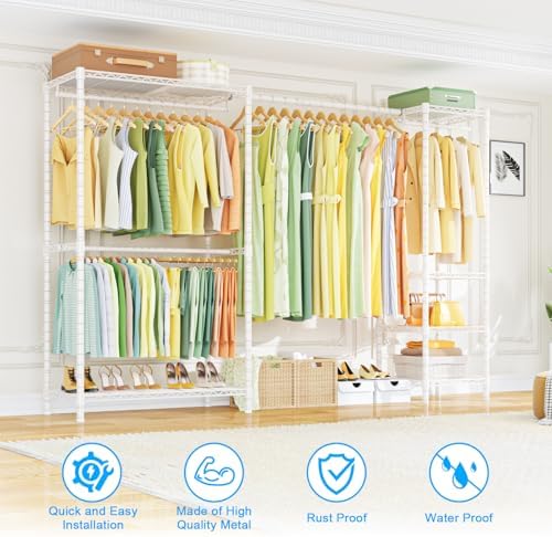Ulif E10 Clothes Rack（With Stretchable Hanger Rod）Freestanding Clothing Racks for Hanging Clothes，Adjustable Closet Organizer System，Portable Garment Rack 73-97"W x 15" D x 72" H，Max Load 800LBS，White - Image 4