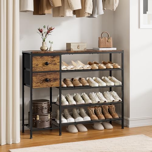 5-Tier Shoe Rack, Side Mesh & 2 Drawers for Closet Rustic Brown - Image 6