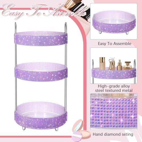 Honeydak Rotating Perfume Organizer Tray, 3 Tiers, Resin Diamond, Purple - Image 3