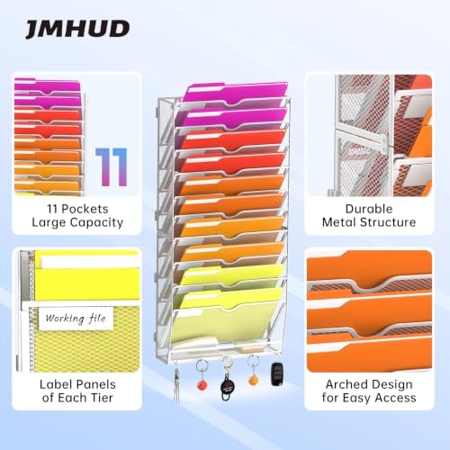 11-Tier Wall File Organizer with Base and Hooks, Hanging Organizer, White - Image 3