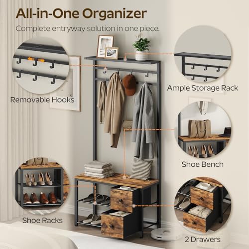 YATINEY 5-in-1 Hall Tree with Drawers, Entryway Bench with 8 Adjustable Coat Rack and Shoe Storage, Industrial Coat Rack with Bench for Entryway and Front Door, Rustic Brown and Black MT06BR - Image 6