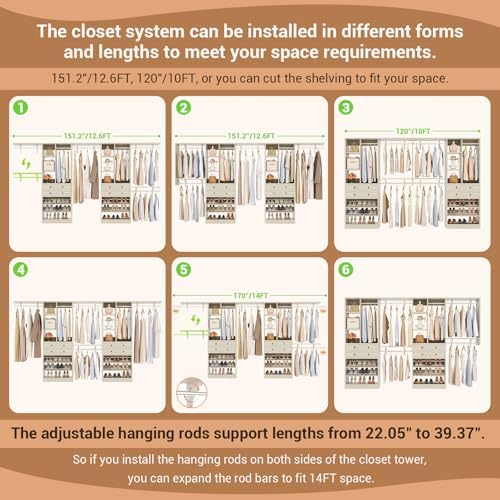 Besiost Closet System - 120"/10FT, 151.2"/12.6FT Closet System with Drawers, Built-in Closet Organizer System with Reversible Hanging Shelving and Hanging Rods, Greige Oak Set of 2 - Image 3