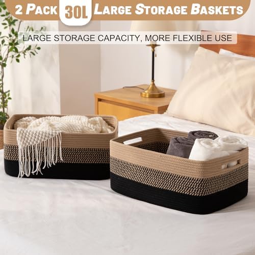 OIASKET Large Storage Basket for Organizing, Woven Rope Basket for Shelves, Closet Organizer Bins for Clothes, Blanket, Toys, Baby Nursery Storage, 17.7" x 13" x 7.87", 2 Packs Black & Brown - Image 4