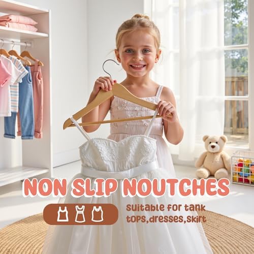 Kids Wooden Hangers 30 Pack, Solid Wood Baby Hangers,12.6" Kids Hangers with Pants Bar,Shoulder Notches,Swivel Hooks,for Toddler Kids Clothes(Natural) - Image 3
