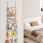 SWTYMIKI Over The Door Organizer - Door Organizer Hanging with 5 Adjustable Metal Large Capacity Basket and 6 Coat Hook, Wall Mounted Shelf for Bedroom Closet Bathroom Laundry Pantry Cabinet Kitchen - Image 2