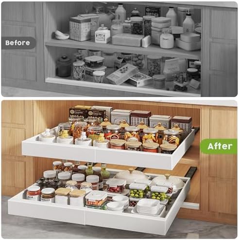 Seinloes 2 Pack Pull Out Cabinet Organizers 21" Deep With Raising Pad for Framed Cabinets, Expandable Width (15.2"-26.3") Slide Out Drawers Upgrade 3 Slide Rails, Roll Out Shelves Adhesive, White - Image 6
