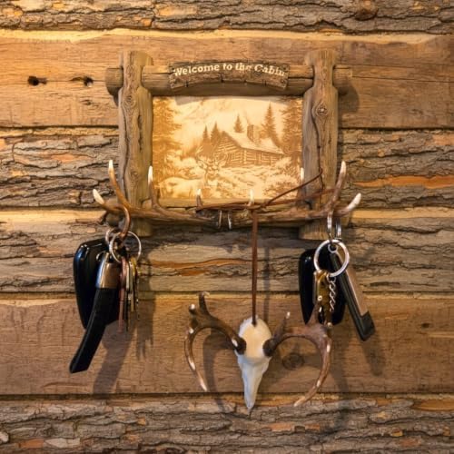 Rustic Log Cabin Style Key Hanger, Wall Mounted Key Holder with Deer Antler Hooks, with Laser Engraved Cabin and Buck Scene - Image 4