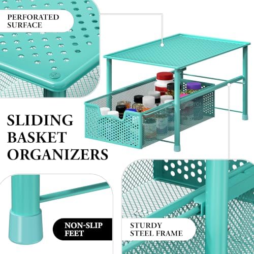 Simple Houseware Stackable Under Sink Sliding Basket Drawer, Turquoise - Image 4