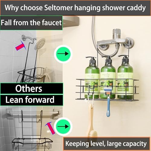 1-Tier Shower Caddy Hanging Shower Rack with Hooks Over Door 2PK - Image 4