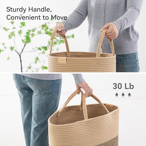 Nunsino 95L Striped Laundry Hamper with Leather Handles,Large Foldable Laundry Basket for Clothes,Cotton Rope Storage Bin for Blankets,Woven Clothes Basket for Bedroom,Dark Brown Stripes - Image 5