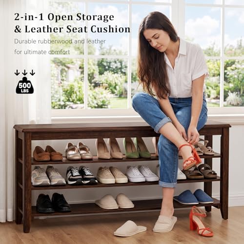 Taitiy Shoe Bench with 3 Tier Adjustable Shelves Rubberwood Entryway 47.2'' - Image 4