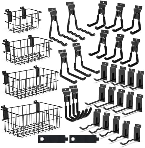 35PCS Slatwall Accessories Set, 4 Ventilated Wire Baskets & 31 Heavy Duty Hooks for Garage Shop Storage by LAOFEEI
