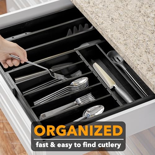 SpaceAid 2.5" High Bamboo Silverware Drawer Organizer with Labels, Kitchen Utensil Expandable Tray Holder for Flatware, Cutlery, Spoon and Knives Drawer Storage Organization (Black) - Image 5