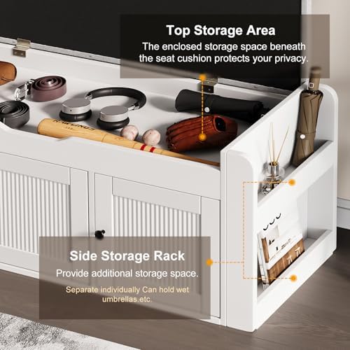 42.6" Storage Bench - Shoe Storage Bench with Side Storage Shelves and 3 Doors, Multifunctional Entryway Bench with Lift Top Cushion, Shoe Bench for Bedroom, Living Room, Entryway, White - Image 5