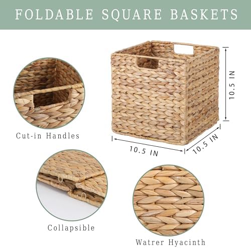 10.5x10.5 Water Hyacinth Storage Baskets, Collapsible Square Wicker Baskets Cube Storage Bins for 11 Inch IKEA Kallax, Set of 3 - Image 4