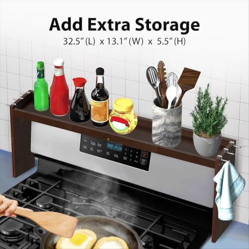IIIOIIIA Bamboo Over the Stove Spice Rack Organizer Shelf for Kitchen, 31.5" with 6 Hooks, 11.4" Height Extra Storage Countertop, Easy to Assemble, Walnut - Image 2