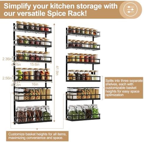 X-cosrack 6-Tier Wall-Mounted Spice Rack Organizer with Mixed Basket Sizes, Height-Adjustable Hanging Spice Shelf for Kitchen Pantry Cabinet, Large-Capacity Seasoning Holder, Black - Image 5