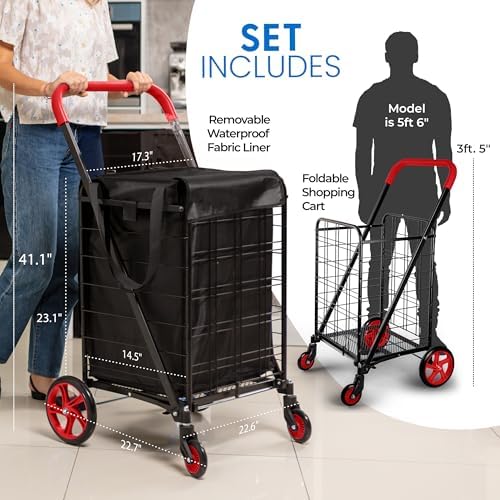 SereneLife Large Folding Utility Shopping Cart with Removable Liner – Heavy Duty, 360° Swivel Wheels, 110 lb Capacity, Portable for Groceries, Laundry, Luggage, and More (Red) - Image 3