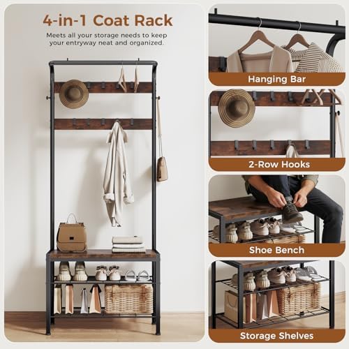 Hall Tree with Bench and Shoe Storage, 4-in-1 Entryway Organizer with 10 Hooks and Storage Shelf,Coat Rack Freestanding with 2-Tier Storage Shelf for Living Room, Bedroom Rustic - Image 4