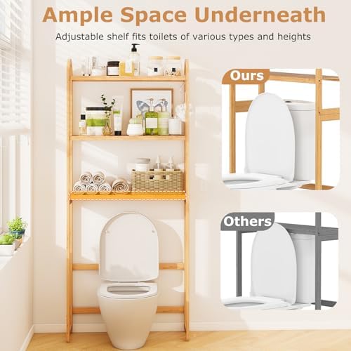 GIANTEX Bamboo Over The Toilet Storage, 3-Tier Over Toilet Bathroom Organizer with 3 Hooks & Adjustable Shelves, Freestanding Space Saver Above Toilet Shelf Rack for Laundry, Balcony, Restroom - Image 7