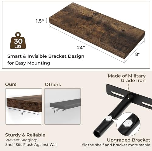 RICHFOCUS 24Inch Floating Shelves for Wall 2Pack|Rustic Brown|8" D - Image 3