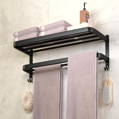 15 Inch Black Towel Racks for Bathroom Towel Shelf with Double Towel Bars Lavatory Wall Mount Holder with Hooks Stainless Steel Hotel Bath Rack (Matte Black) by DDS-DUDES