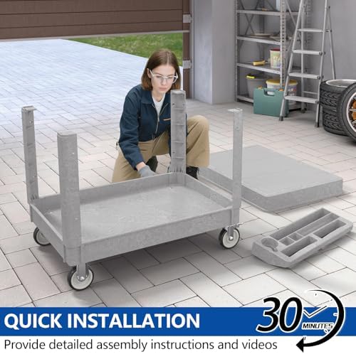 Large Garage Flat Top Utility Cart, Heavy Duty 2 Shelf Tool Cart Service Cart Rolling Push Carts with Ergonomic Handle 5" Swivel Casters. - Image 4