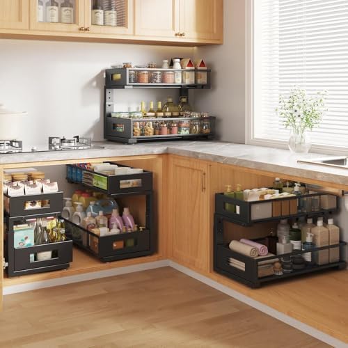 2 Packs 19IN Depth Under Sink Organizer, 2-Tier Pull Out Cabinet Organizer With Smooth Circular Rail, Large Capacity Metal Mesh Sliding Drawers For Bathroom& Kitchen Storage,Height Adjustable –Black - Image 5