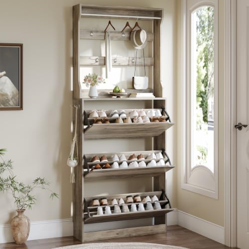 Shoe Cabinet for Entryway with 3 Flip Drawers, Grey Tall Wood Shoe Storage Cabinet with Coat Rack, Narrow Hidden Slim Freestanding Shoe Rack Organizer, 2 in 1 Hall Tree for Living Room, Hallway by Xixini