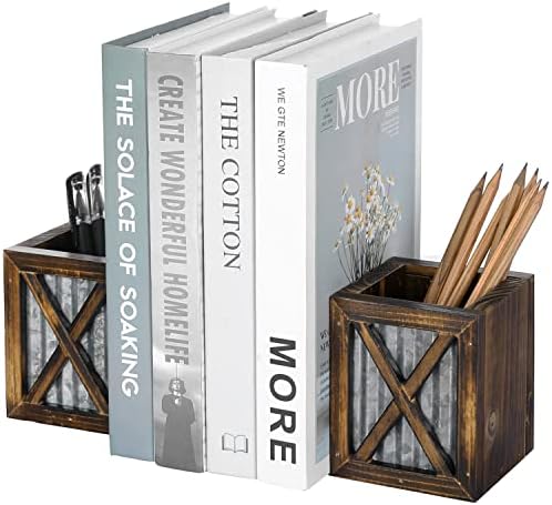 MyGift Rustic Bookends with Pen Holder, Wood & Metal Desk Organizer by MyGiftHome