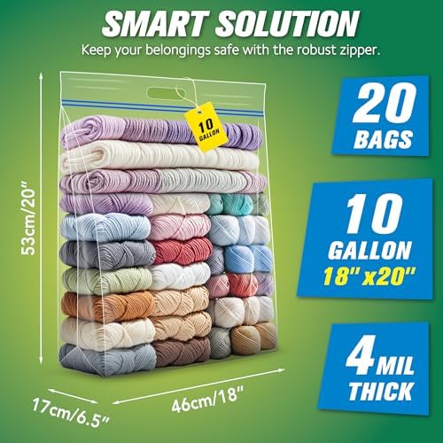 HIBAG 10 Gallon Large Storage Bags, 18” x 20” Resealable Clear Bags with Handle, Extra Large XL Heavy Duty for Clothes Pillow Travel Moving, Pack of 20 - Image 2