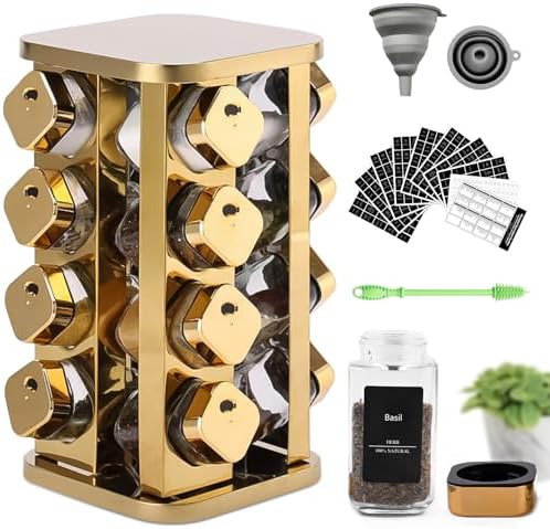 Kitchen stainless steel spice rack with 16 food grade glass cans-275 spice label-rotating vertical bracket and countertop seasoning rack cabinet tower storage rack (golden, 16) by Unknown