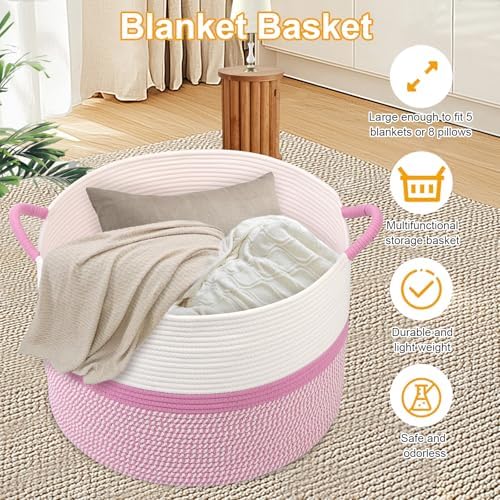Pink Laundry Basket,20''x13''Woven Cotton Rope Laundry Hamper,Large Blanket Basket for Living Room,Baby Baskets,Kids Toy Storage Basket for Organizing,Woven basket,Clothes Hamper,Room Decor - Image 3