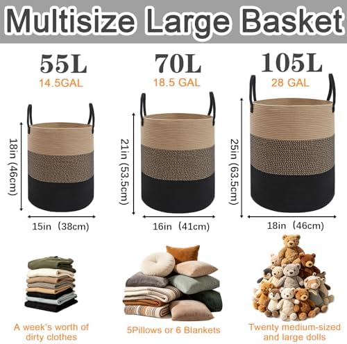 70L Woven Laundry Basket, Large Clothes Hamper with Handles- Jute - Image 2