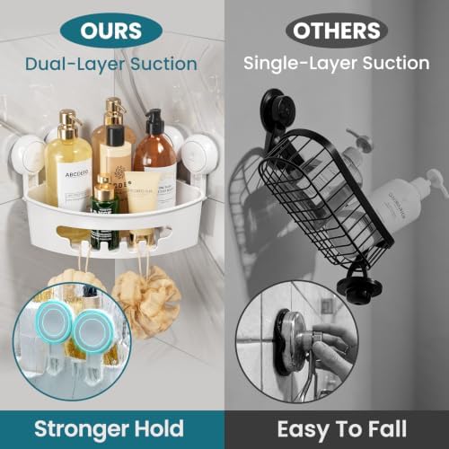 TAILI Suction Corner Shower Caddy, Bathroom Shelf Storage Basket Wall Mounted Organizer for Shampoo, Conditioner, Plastic Rack for Kitchen&Bathroom, Drill-Free Removable (2 Pack) - Image 4