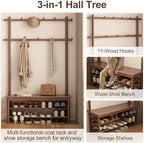 AQIMUELE Coat Rack with Shoe Storage, Wooden Hall Tree with Bench, 11 Hooks and 2-Tier Storage Shelves, 3-in-1, Entryway Bench with Coat Rack (39.3"-Walnut) - Image 3
