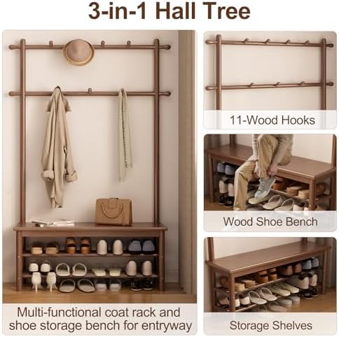 AQIMUELE Coat Rack with Shoe Storage, Wooden Hall Tree with Bench, 11 Hooks and 2-Tier Storage Shelves, 3-in-1, Entryway Bench with Coat Rack (39.3"-Walnut) - Image 3