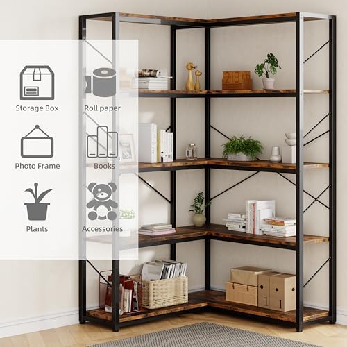 Shintenchi 5 Tier Corner Bookshelf, L Shaped Large Bookcase, Rustic Brown - Image 6
