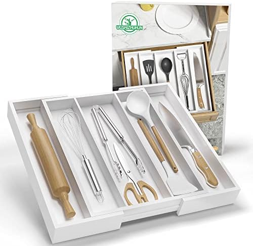 Utensil Organizer for Kitchen Drawers - Bamboo Silverware Tray Expandable 5 Slots Drawer Organizer for Office and Pantry Supplies W13.7-19.9" x L17.6 X H2.5 (White) - Image 7