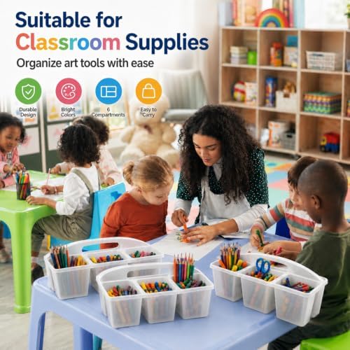 6 Pack Classroom Caddy with Handle, 6 Compartment (Clear) - Image 5