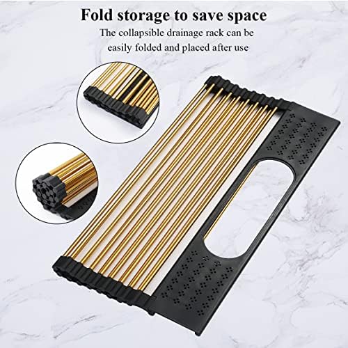 Berglander Gold Dish Drying Rack Over The Sink, L17.5*W 15" Rollable Tianium Golden Plating Stainless Steel Dish Rack with Removable Storage Basket, Perfect for Kitchen Sink - Image 5