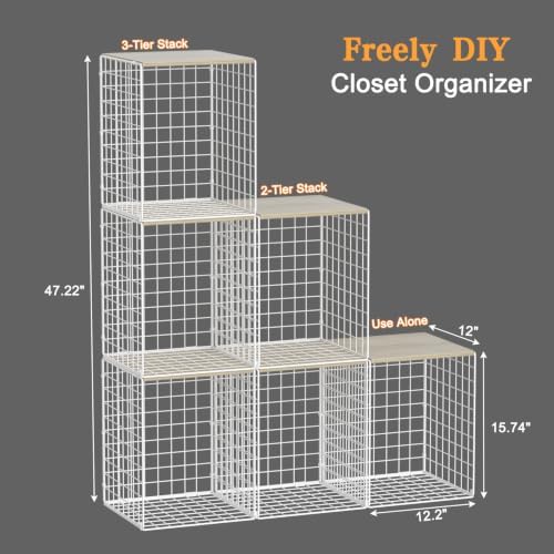 Hencawima 3-Pack Taller Stackable Closet Organizers and Storage with Wood Top,White | Wire Storage Bins for Clothes, Double Storage Design, Sturdy Metal Cube Shelf Organizer for Closet Wardrobe-Black - Image 3