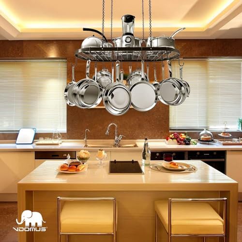 Vdomus Heavy-Duty Hanging Pot Rack - 33x17 Inches - Stylish Black Alloy Steel Ceiling Storage with 15 Hooks - Organize Kitchen Cookware and Utensils - Space-Saving Mounted Overhead Holder - Image 5
