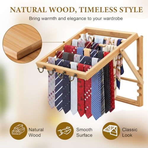 Wooden Tie Rack Wall Mounted - Scarf Organizer Holds 50 Ties with 4 Belt Hooks, Easy Installation, Design for Men and Women Closet - Image 5