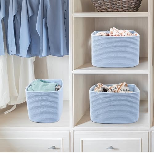 XUANGUO Woven Cotton Rope Storage Baskets 15x10x9.3" 3 Pack Light Blue - Image 5