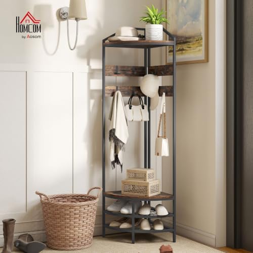 HOMCOM Corner Hall Tree, 4-Tier Coat Rack with Shoe Storage, Rustic Brown - Image 2